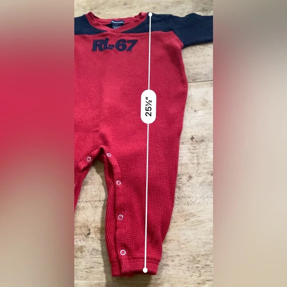 Vintage Ralph Lauren Infant L 12-18 Mo Red/Navy Waffle Weave Knit Logo‎ Bodysuit
